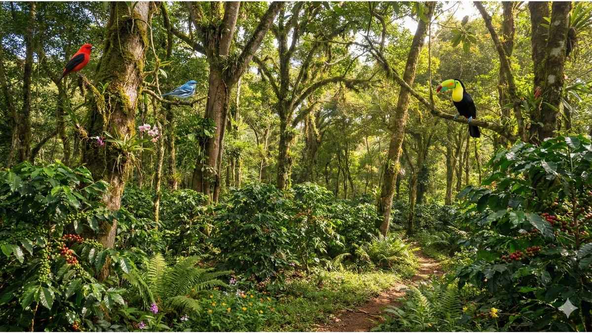 Lush shade-grown coffee farm with native trees and birds vs sun-grown monoculture.