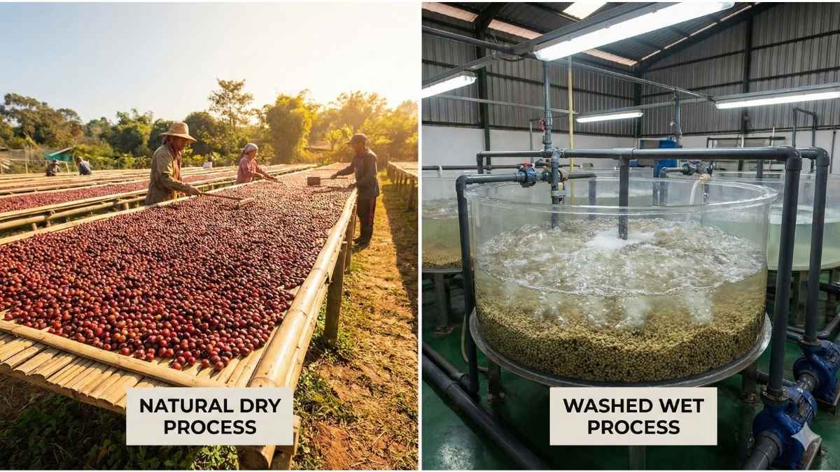 A comparison of sun-drying coffee cherries versus washing beans in water tanks.