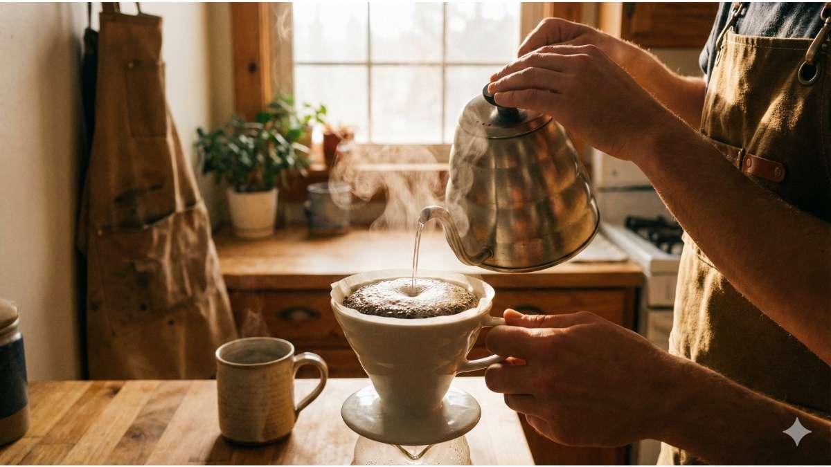 Coffee blooming during pour over brewing