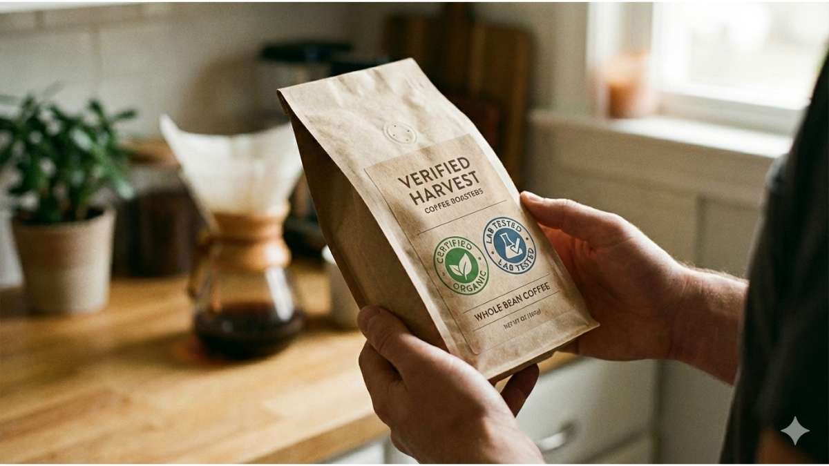 Consumer checks the coffee bag label for third-party lab testing and organic certification.