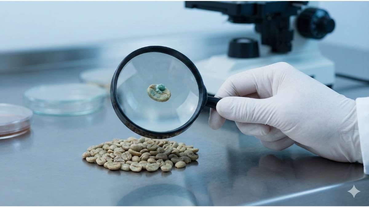 Scientist inspecting green coffee beans for mold fungus with magnifying glass