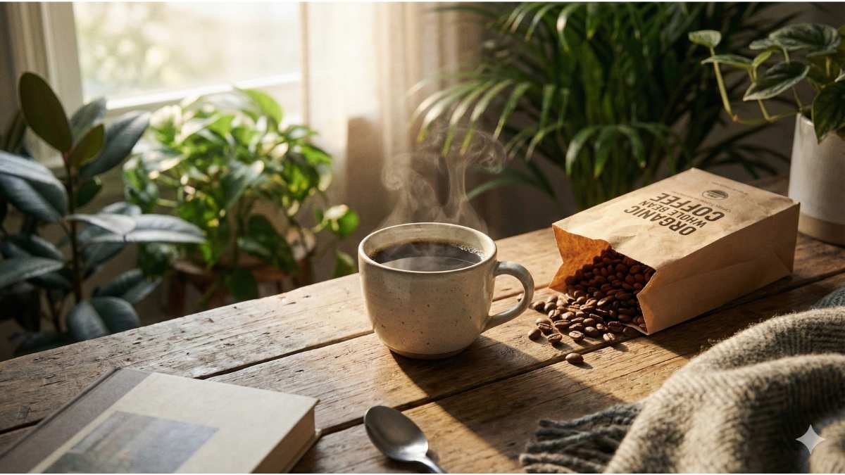 Fresh brewed organic mold free coffee cup with whole beans