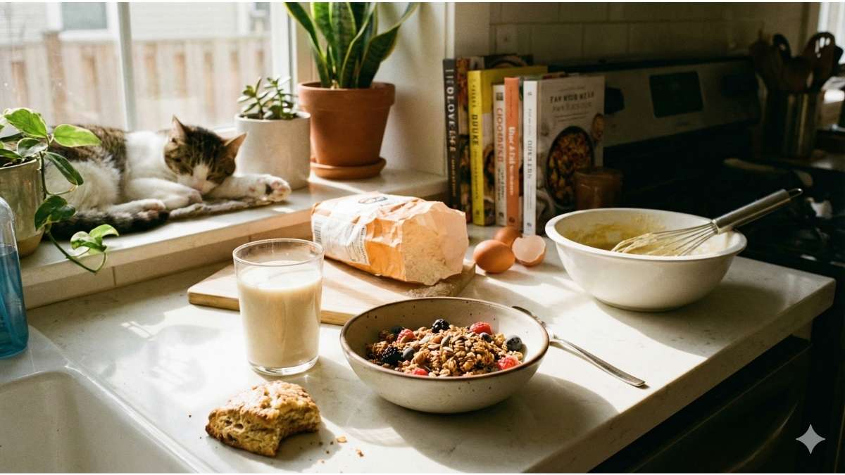 Glass of oat milk with granola and baking supplies on a sunny kitchen counter.