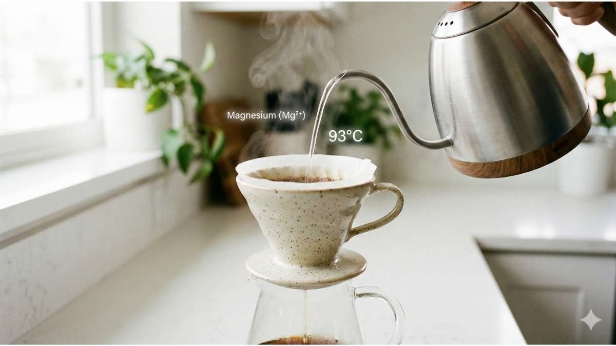 A pour-over coffee setup with magnesium and temperature icons floating near the water