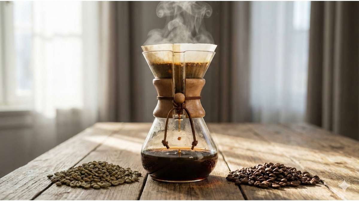 Chemex brewing coffee with green and roasted beans showing antioxidant difference.