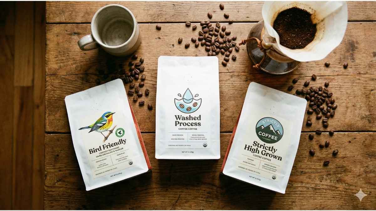 Coffee bags displaying Bird Friendly, Washed Process, and SHG labels