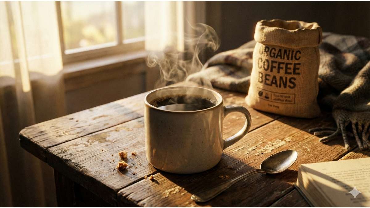 Freshly brewed organic black coffee on wooden table