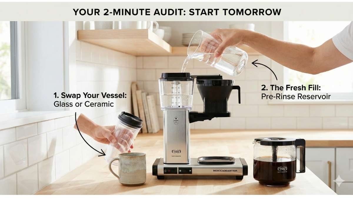 Hands pouring fresh water into a Technivorm Moccamaster reservoir and a ceramic mug next to a glass beaker, illustrating the "2-minute audit" steps.