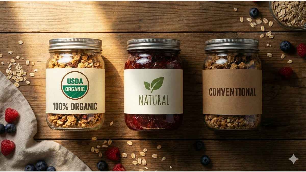 Visual chart comparing "100% Organic" vs "Natural" labels