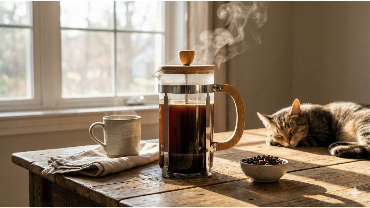 A clear glass French press filled with dark roast coffee, sunlight hitting the liquid.