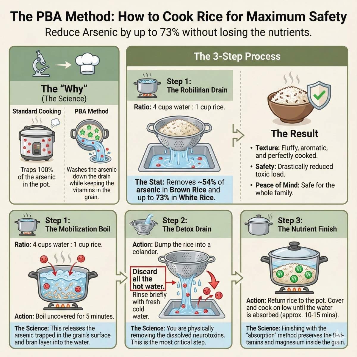 Vertical infographic illustrating the 3-step Parboiling with Absorption (PBA) method to reduce arsenic in rice. Visual guide showing: 1. Boil for 5 minutes, 2. Drain hot water to remove up to 73% of toxins, 3. Add fresh water to finish. 2026 Food Safety Guide.