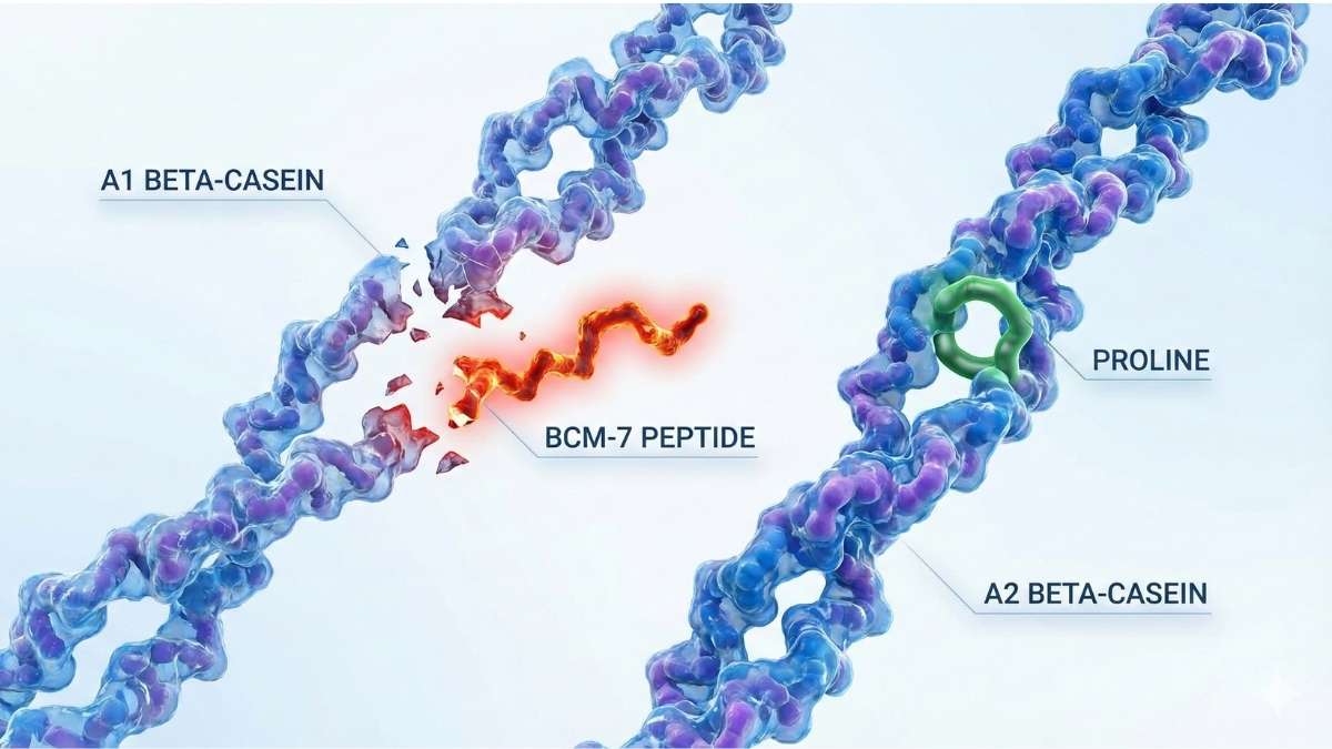 3D render of A1 and A2 beta-casein protein structures showing the release of the BCM-7 peptide in A1 milk.