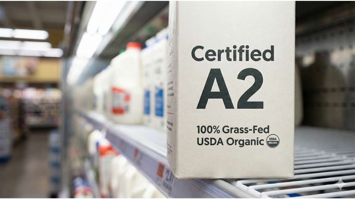 Close up of a milk carton label in a grocery store highlighting Certified A2 and 100% Grass-Fed claims.