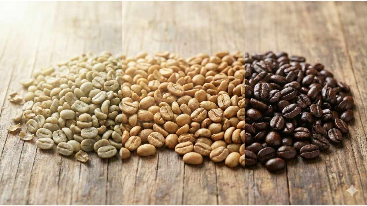 Light roast vs dark roast coffee beans comparison on wooden table