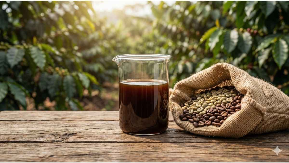 Scientific beaker of coffee on organic farm table