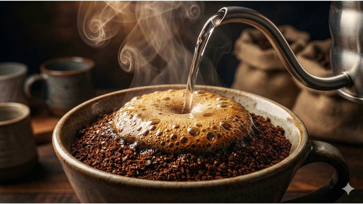 Macro shot of coffee pour over bloom with golden bubbles