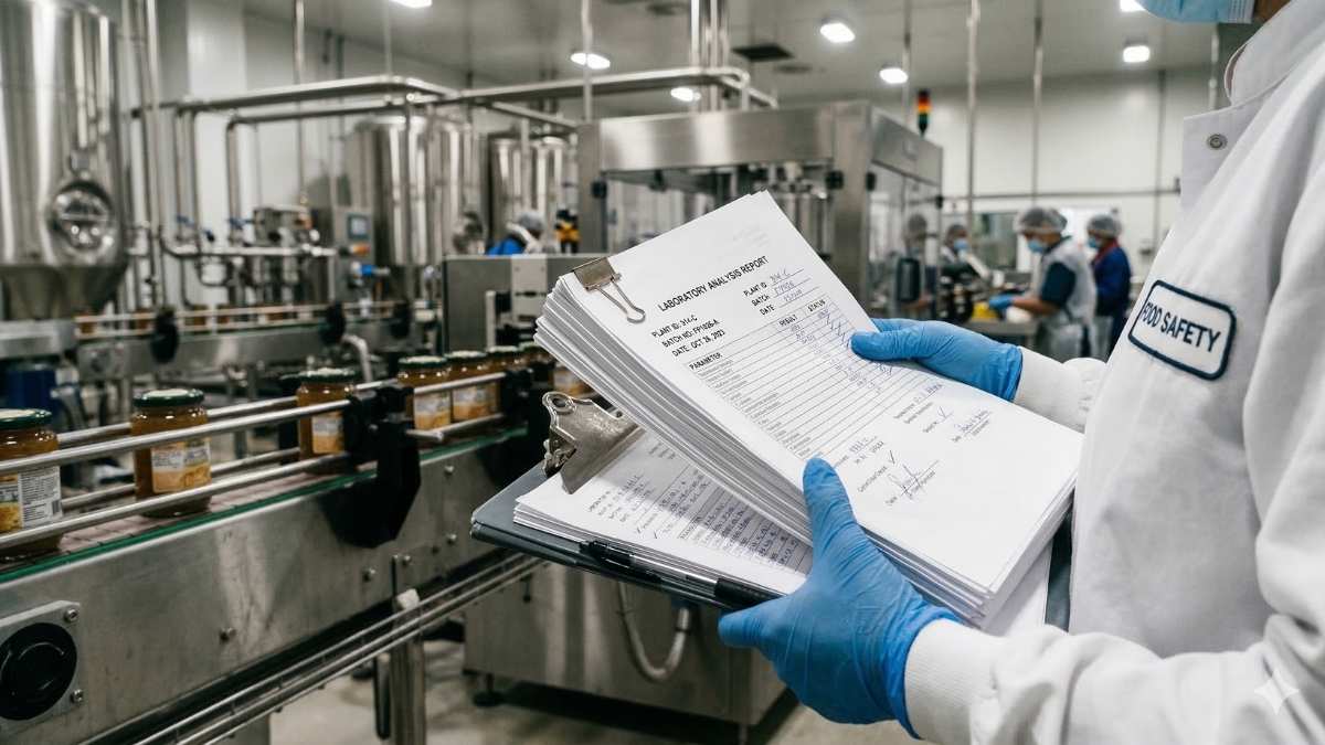 Split screen showing farm hands and an industrial food factory.