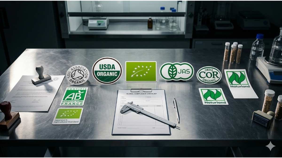 Collection of international organic certification seals including USDA, EU, and JAS on a steel table.