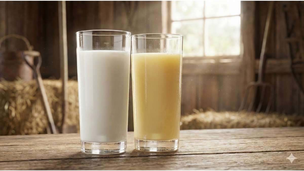 Side by side comparison of bright white standard milk and slightly golden grass-fed milk showing higher carotenoid levels.