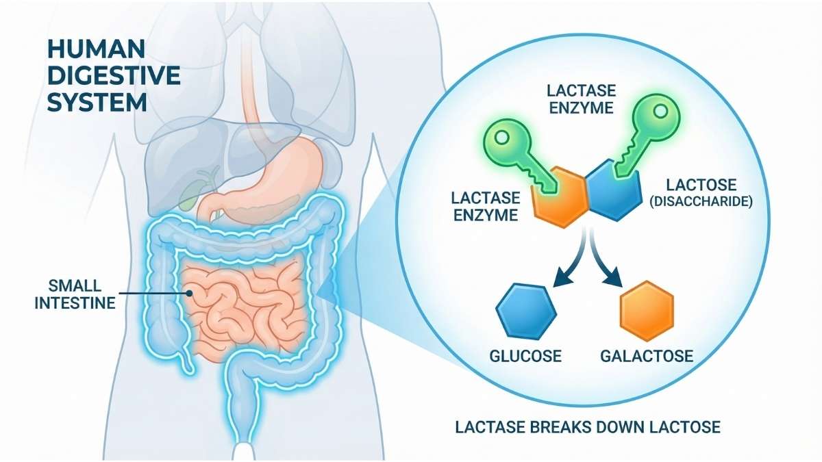 Medical illustration of the small intestine using lactase enzymes to break down lactose sugars into glucose and galactose.