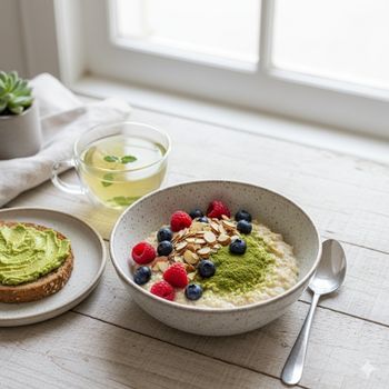 A healthy breakfast bowl of oatmeal topped with berries and a sprinkle of green moringa leaves powder, ready to be eaten. A healthy breakfast bowl of oatmeal topped with berries and a sprinkle of green moringa leaves powder, ready to be eaten.