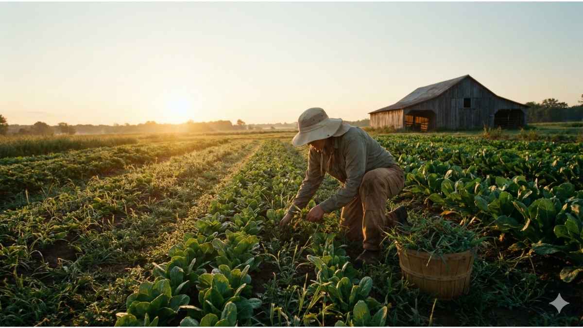 A farm worker performing manual weed control in an organic crop field at sunrise.