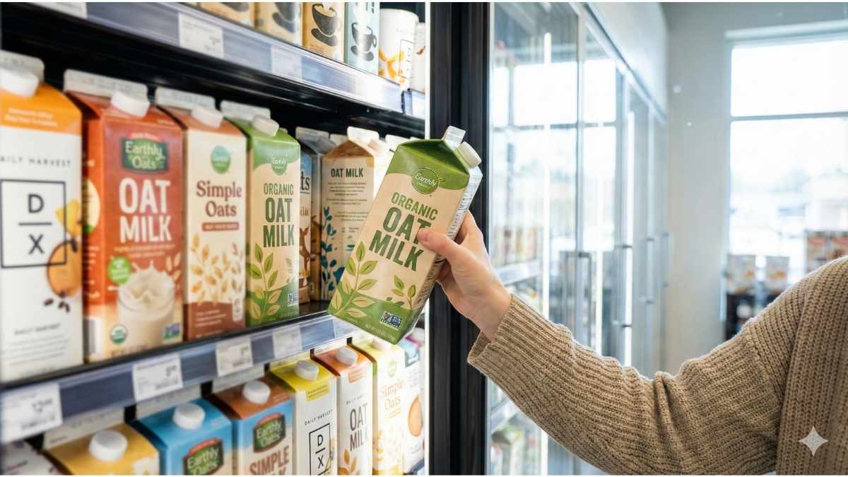 Best brands of oat milk on a grocery store shelf, highlighting organic options.