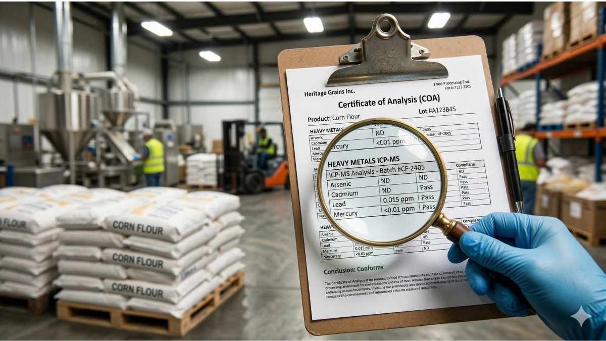 Clipboard showing a Certificate of Analysis document focusing on heavy metals ICP-MS data.