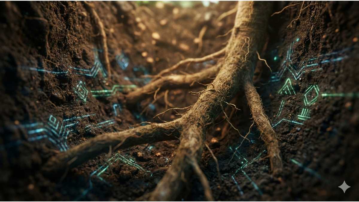 Deep coffee tree roots in soil showing the concept of soil legacy and glyphosate residues.