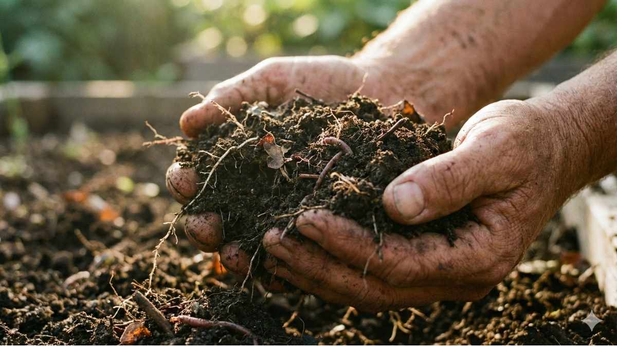 Farmer holding rich organic compost soil showing healthy biology.