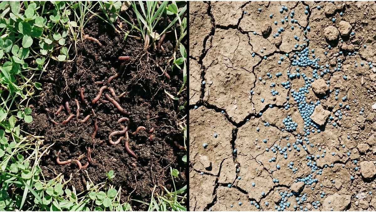 Split screen comparing rich organic soil with earthworms against dry conventional soil with synthetic fertilizer.