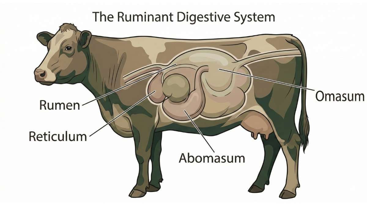 Diagram of a cow's ruminant digestive system showing the rumen, reticulum, omasum, and abomasum to explain how true 100% grass-fed beef is digested.