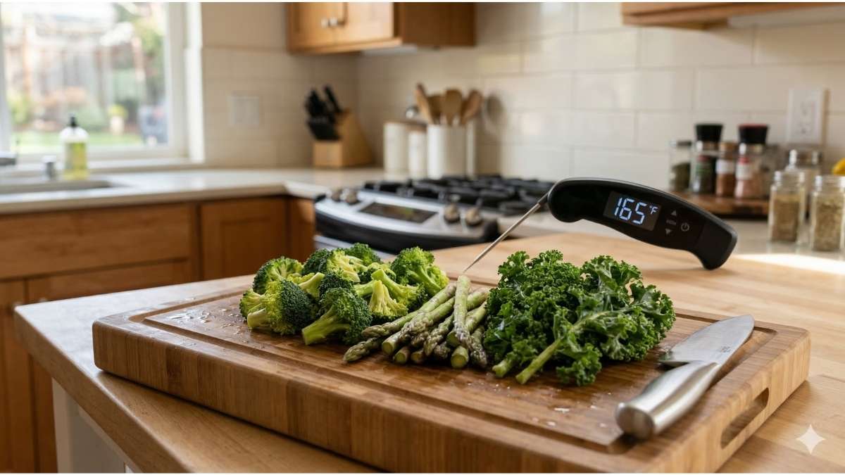 Fresh vegetables on a wooden cutting board in a home kitchen.
