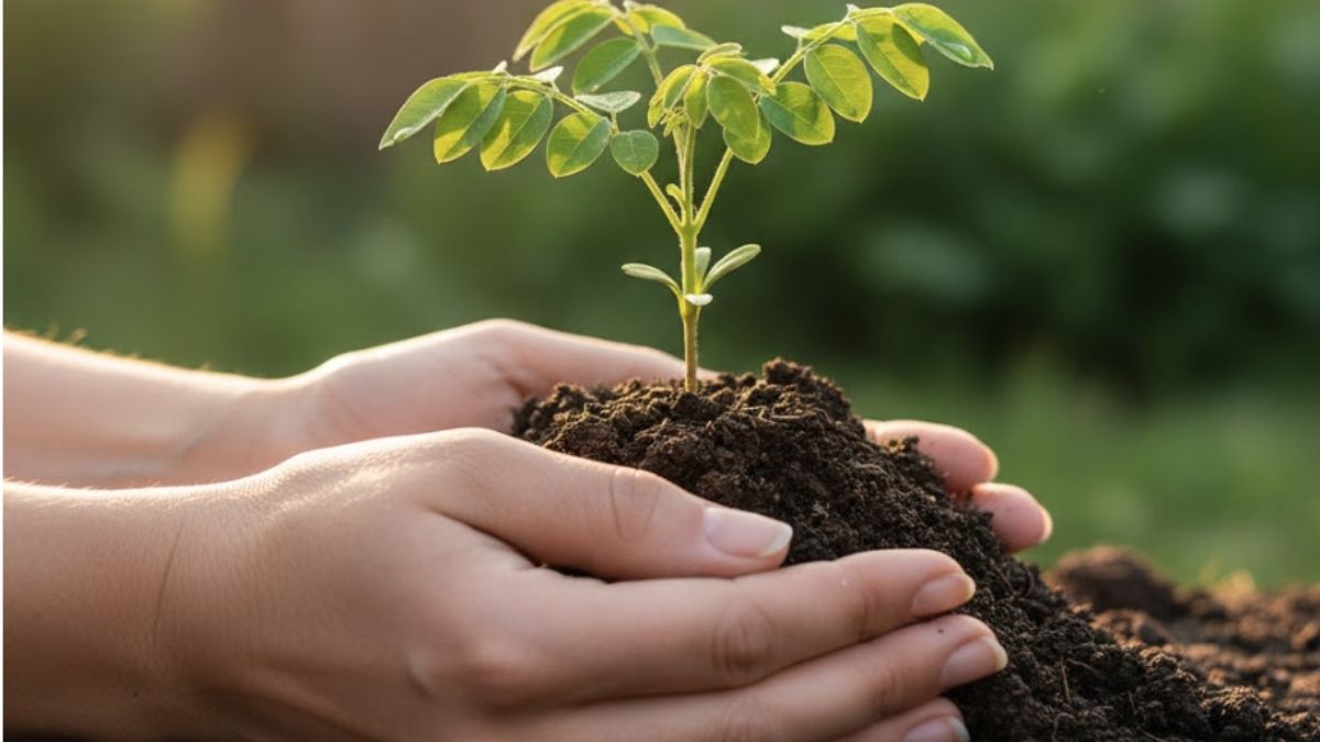 A healthy moringa seedling sprouting from the soil, showing the first stage of growing moringa from seed.