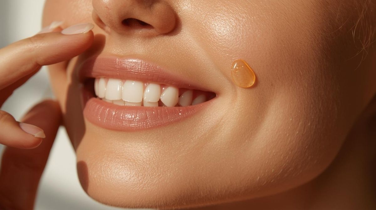 A woman with glowing skin applying moringa oil to her face, demonstrating the moringa oil benefits for skin hydration