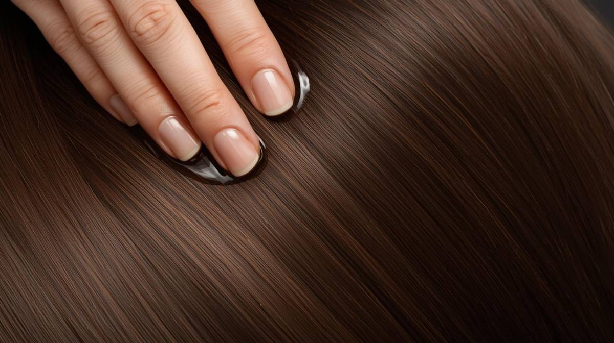 A woman with shiny, healthy hair massaging moringa oil into her scalp to get the benefits for hair strength and scalp health.  💪