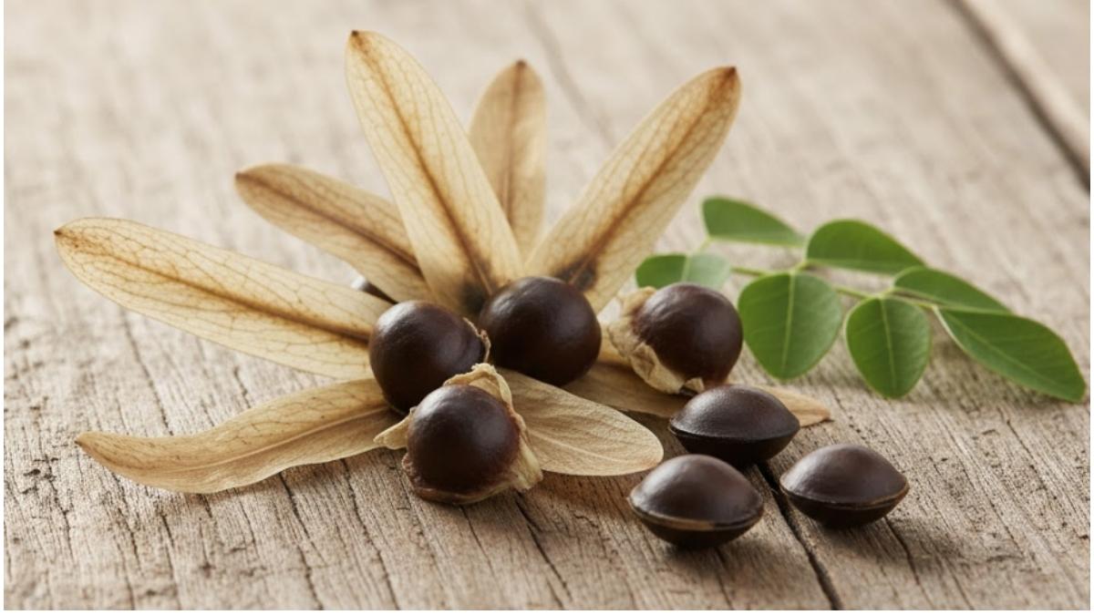 A close-up of high-quality moringa seeds and shelled kernels on a wooden table, illustrating what they look like.