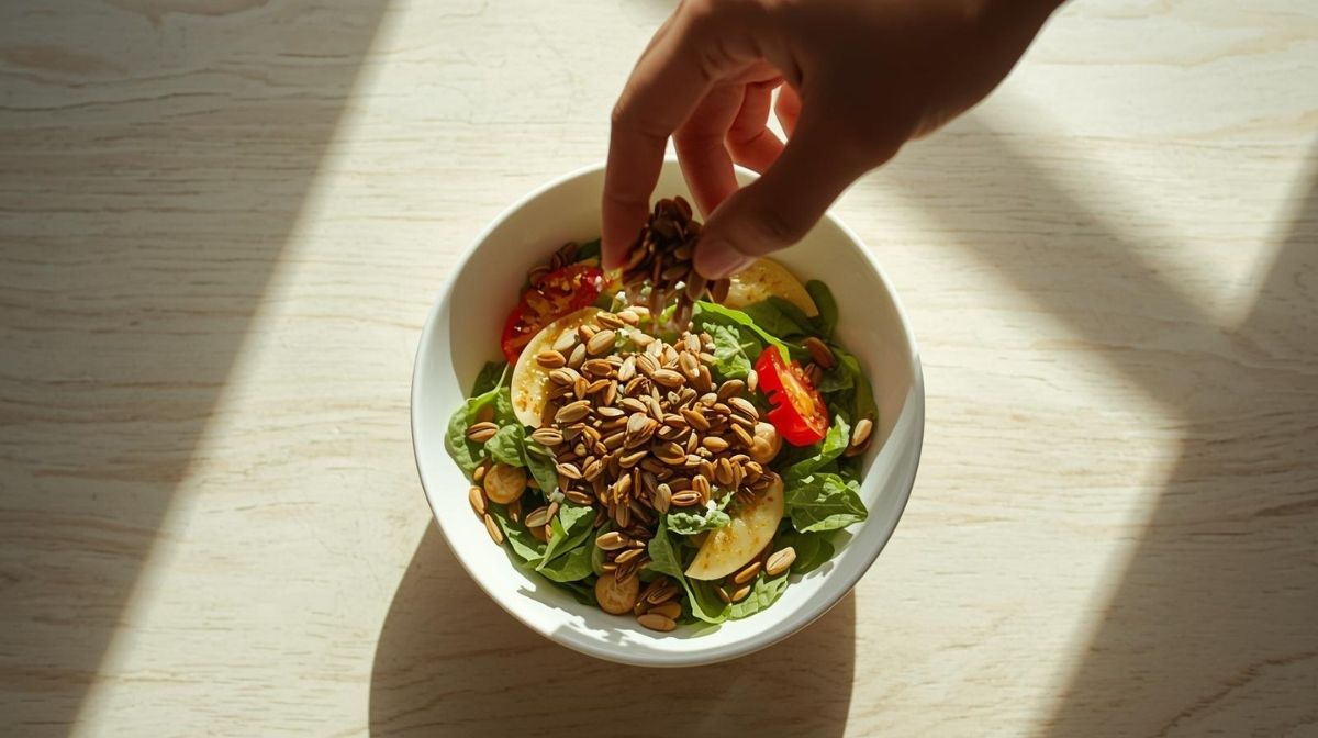 A person sprinkling roasted moringa seeds onto a fresh salad, demonstrating how to eat moringa seeds.