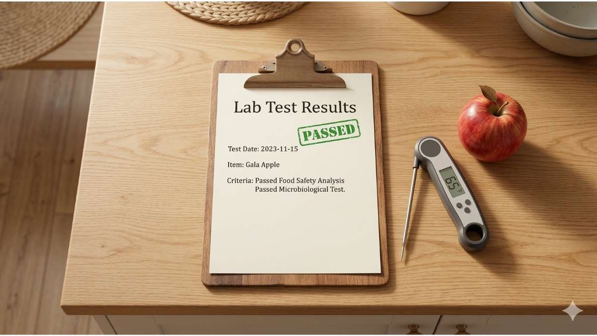 A folder titled Food Safety Laws on a desk with a cup of coffee.