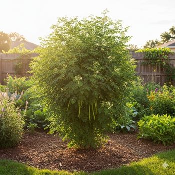 A beautifully pruned, bushy moringa tree growing in a sunny home garden, demonstrating the ideal shape for easy harvesting. A beautifully pruned, bushy moringa tree growing in a sunny home garden, demonstrating the ideal shape for easy harvesting.