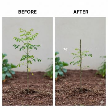 A before-and-after comparison showing the correct formative pruning technique for a young moringa tree to encourage bushy growth. A before-and-after comparison showing the correct formative pruning technique for a young moringa tree to encourage bushy growth.