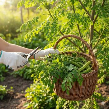 A bountiful harvest from a home moringa tree, showing a basket full of fresh leaves and pods ready for use. A bountiful harvest from a home moringa tree, showing a basket full of fresh leaves and pods ready for use.