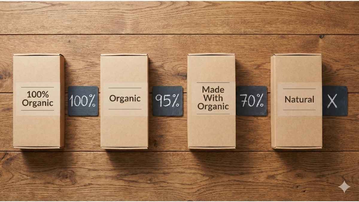 Four food packages showing the different USDA organic label tiers and percentages.