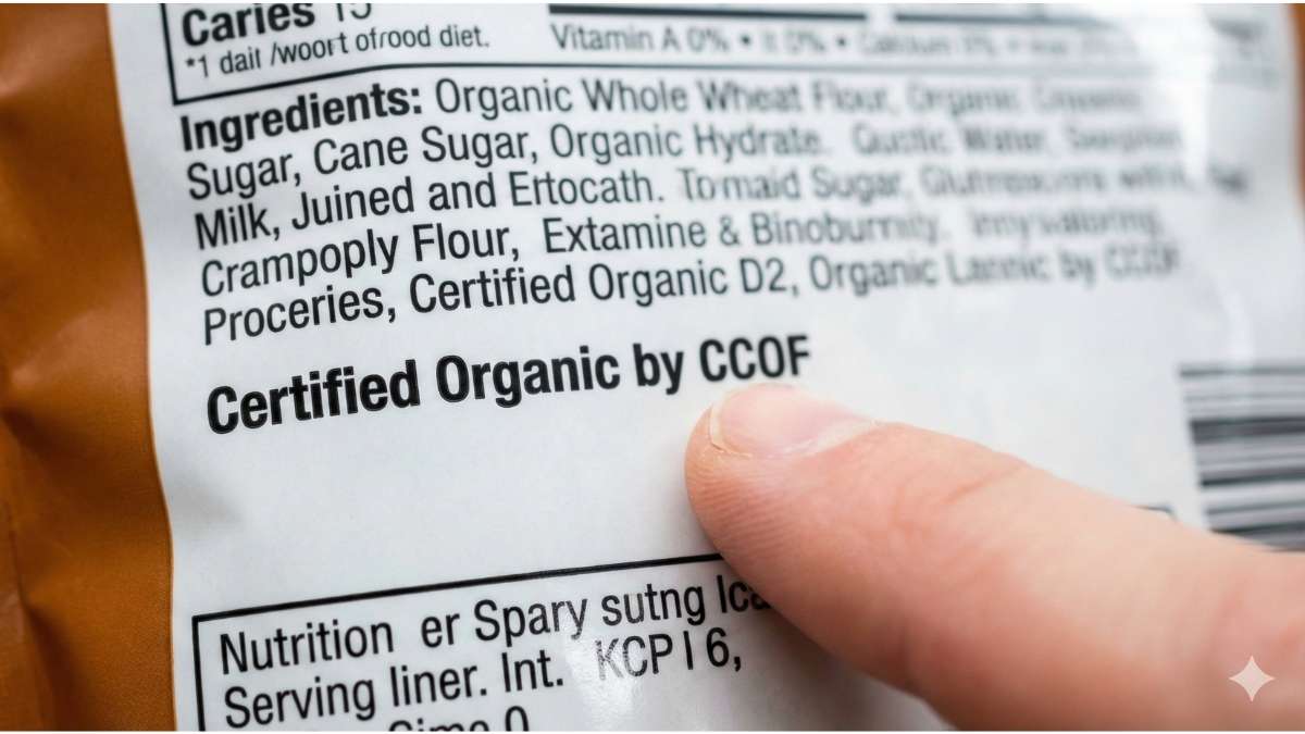 Close up of a food label pointing out the 'Certified Organic by' text.