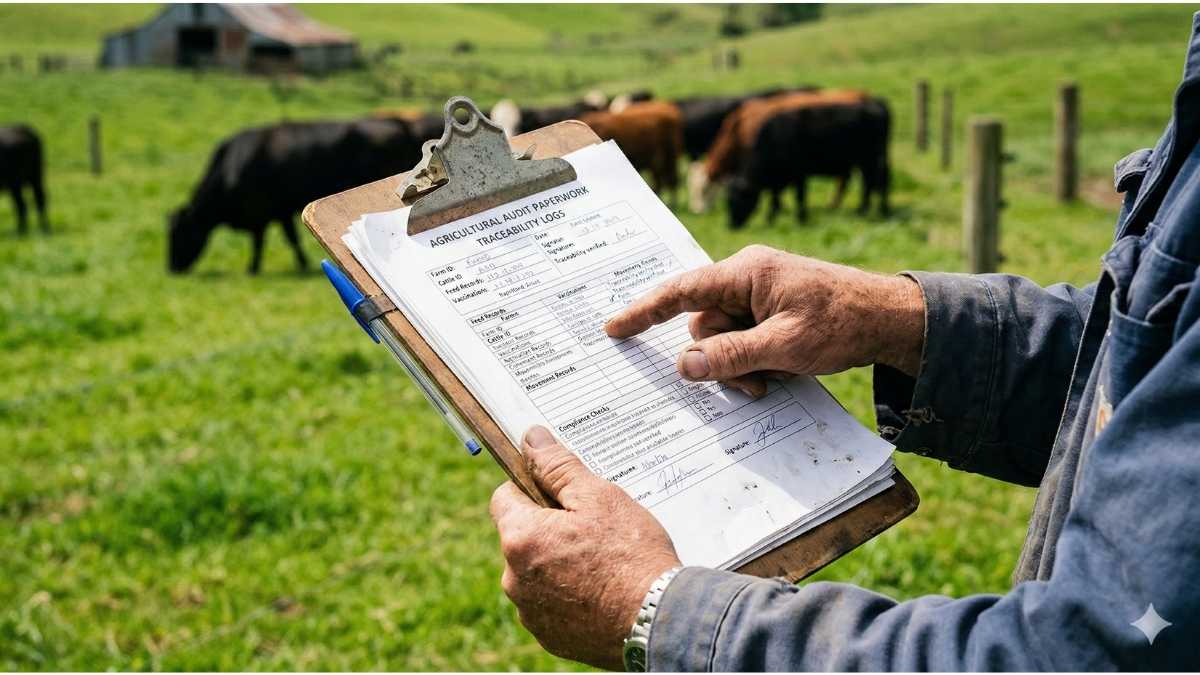 Farmer holding traceability logs and audit paperwork in a cattle pasture.