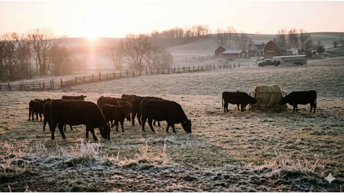 Cattle eating hay from a feeder during winter, demonstrating legal grass-fed winter protocols.